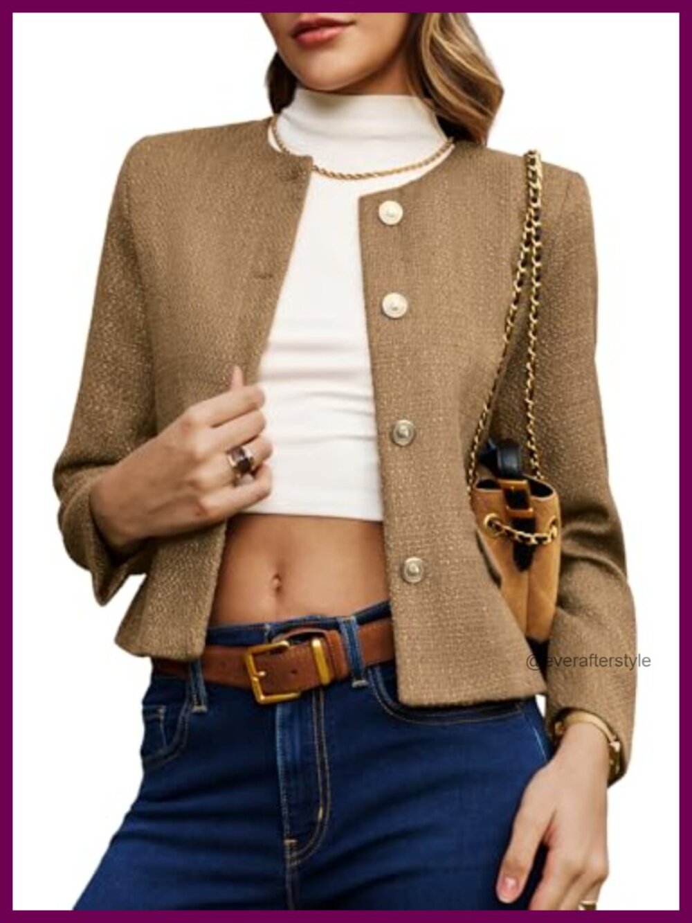 Cropped Tweed Blazer Collarless Button Down Business Casual Jacket